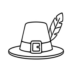 A vector illustration of a pilgrim hat with a feather, featuring a simple, bold line style perfect for Thanksgiving designs or historical illustrations.