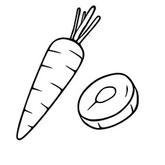 A simple vector illustration of a whole carrot and a carrot slice, featuring a hand-drawn style with bold black outlines against a white background, perfect for culinary designs.