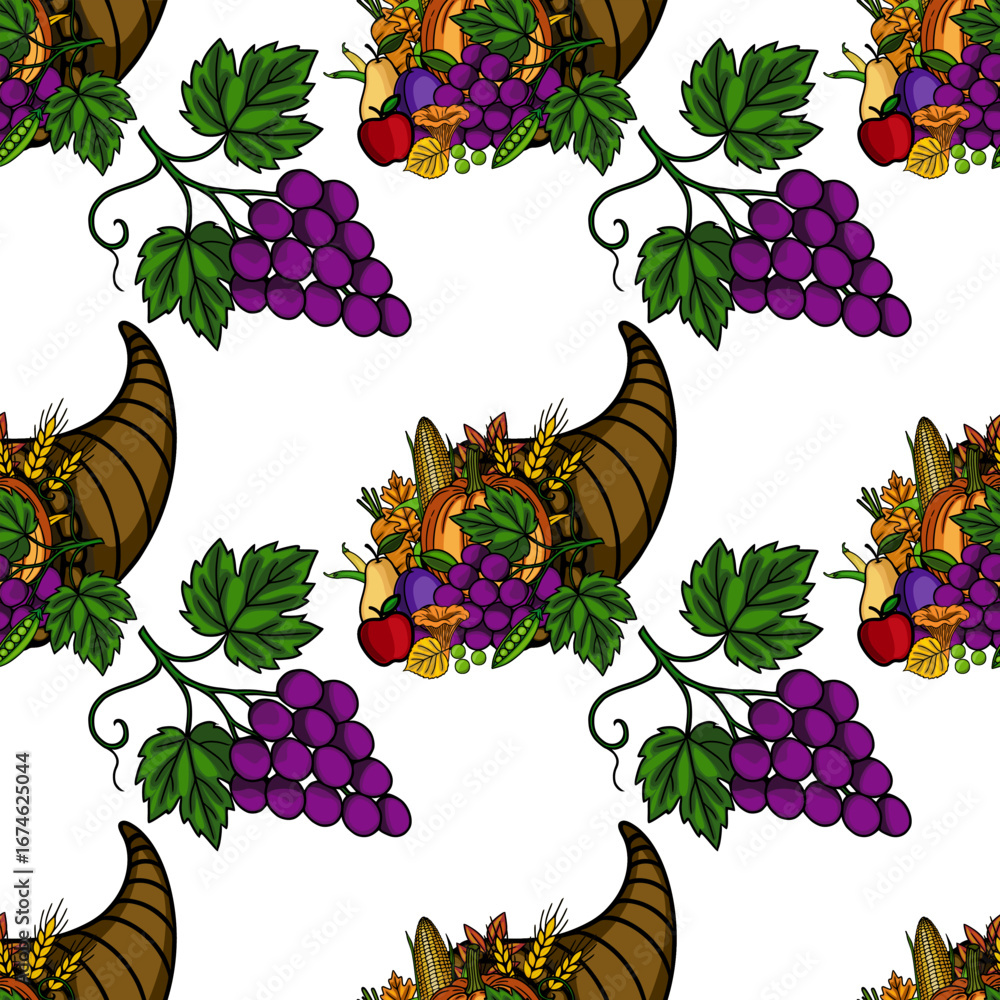 Poster Seamless vector pattern featuring a cornucopia overflowing with autumn harvest bounty, complemented by lush grapevines, creating a vibrant Thanksgiving design.