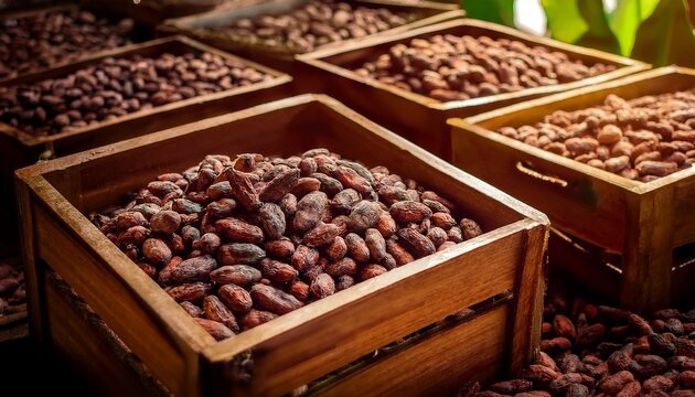 fresh cocoa beans ferment in wooden boxes lined with banana leaves enhancing flavor before sun drying