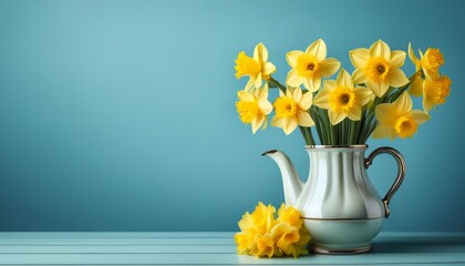 yellow daffodils in vintage pitcher vase on table with light blue background