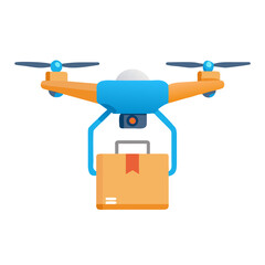 Flat vector icon of a quadcopter drone carrying a delivery package, modern tech design, blue and orange palette, isolated on transparent background.