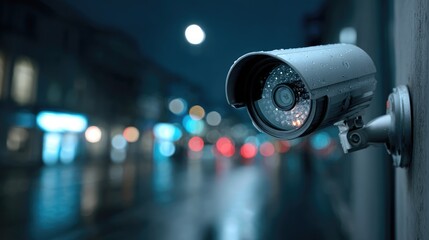 Weatherproof security camera covered in water droplets, firmly mounted on an exterior wall. Blurred city lights glow in the background on a dark night.