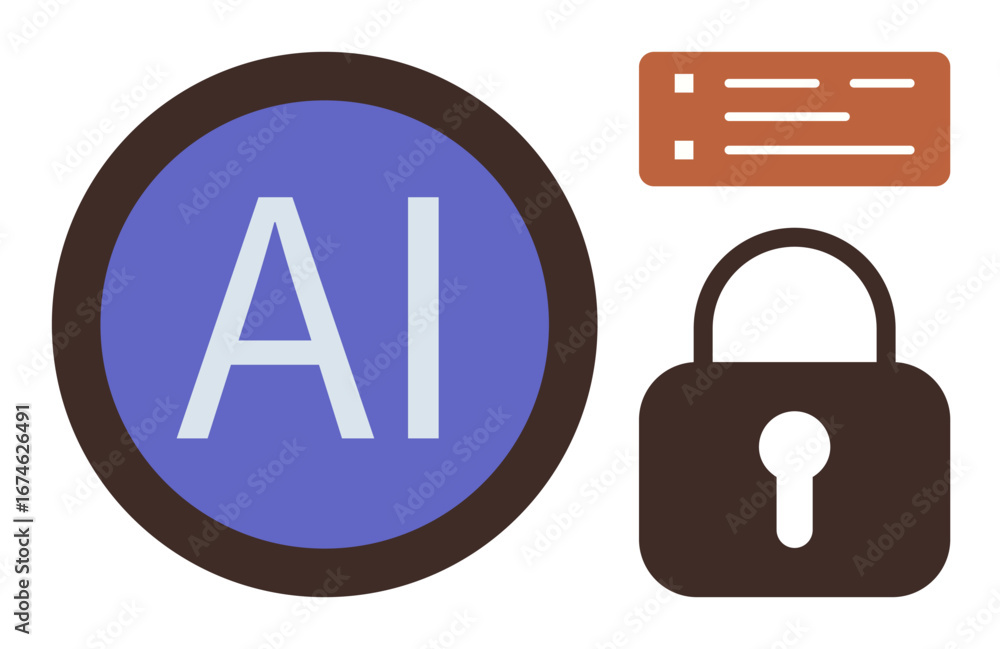 Poster blue ai label encircled in brown, flanked by a data interface and a padlock icon. ideal for technolo