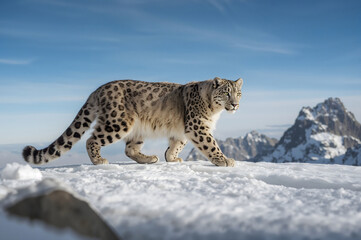 Obraz premium Snow leopard walking on a snowy mountain ridge under a clear blue sky big cat wild animal