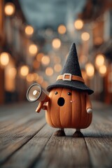 Cute pumpkin character with a witch hat, holding a megaphone in a whimsical setting.
