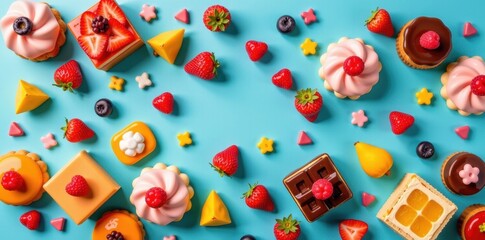 A delectable landscape of assorted desserts arranged on a flat surface, creating a vibrant and sweet visual feast, background, vibrant