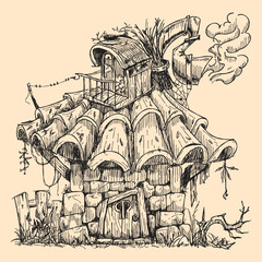 Fantasy house sketch, hand-drawn black ink illustration, whimsical architecture, rustic stone cottage, fairytale building, medieval style, detailed line art, vintage design, cozy home artistic drawing