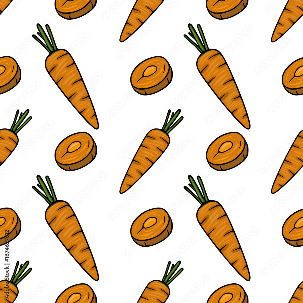 Poster seamless vector pattern featuring hand-drawn illustrations of vibrant orange carrots and their cross