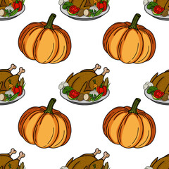 Seamless vector pattern featuring roasted turkey with assorted vegetables and pumpkins, ideal for Thanksgiving-themed designs, showcasing a hand-drawn style with vibrant autumnal colors.