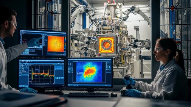Fusion energy scientists utilizing remote viewing systems to study heat and tritium transport in breeding blanket mockups within hot cells.