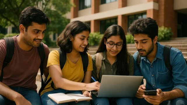 High-angle shot of four students collaborating outdoors with a laptop and books, capturing a dynamic study session, perfect for educational video content.
