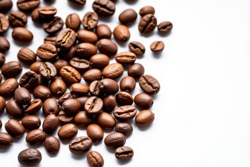 Naklejka premium Roasted coffee beans isolated on a pure white background, showcasing their rich brown tones and natural texture, coffee beans, brown, product