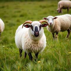 Fototapeta premium Sheep in nature on meadow. Farming outdoor.