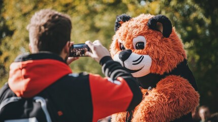 Man photographs large orange mascot costume outdoors.