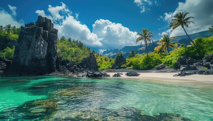Tropical beach cove, turquoise water, volcanic rock, palm trees, sunny sky, travel postcard