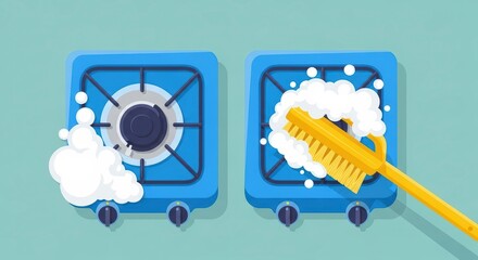 Scrubbing a Blue Gas Stovetop with a Yellow Brush and White Soapy Foam Illustration