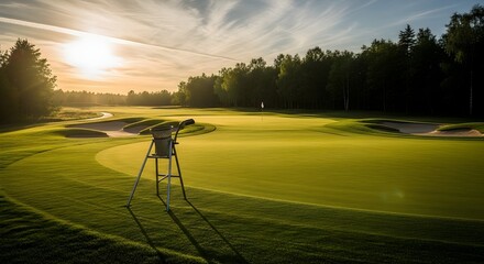 Naklejka premium Golf Course Serenity Sunrise Over Green Fairway with a lone Chair silhouette