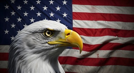Majestic Bald Eagle Portrait Against American Flag Backdrop A Symbol of Freedom