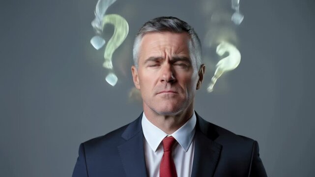 Businessman contemplates questions with animated confusion marks in office setting