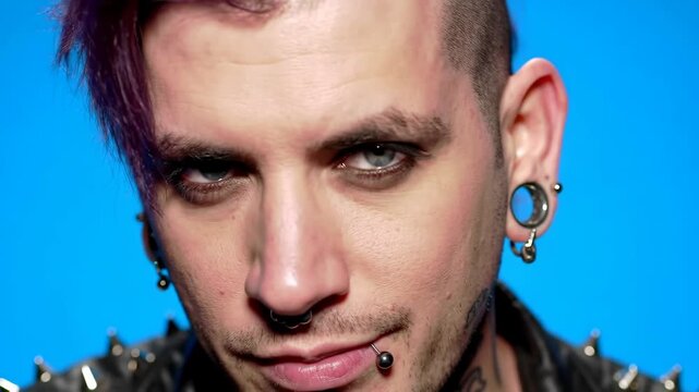 Close-Up Portrait of a Person with Piercings, Tattoos, and Purple Hair on Blue Background