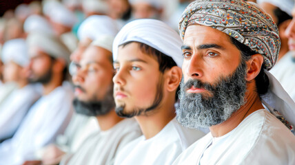 Fototapeta premium Group of men in traditional attire listening attentively during a cultural event with focused expressions
