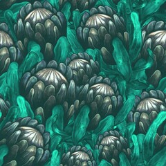 Obraz premium Moody Gothic Protea Seamless Pattern, Dark Fantasy Floral with Metallic Silver Flowers and Emerald Leaves, Luxury Botanical Texture.