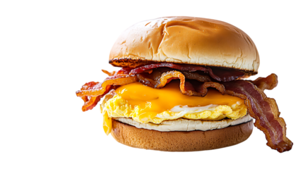 Delicious breakfast sandwich with bacon egg and cheese on a bun perfect for morning meal time treat  | png cutout isolated on a transparent backdrop