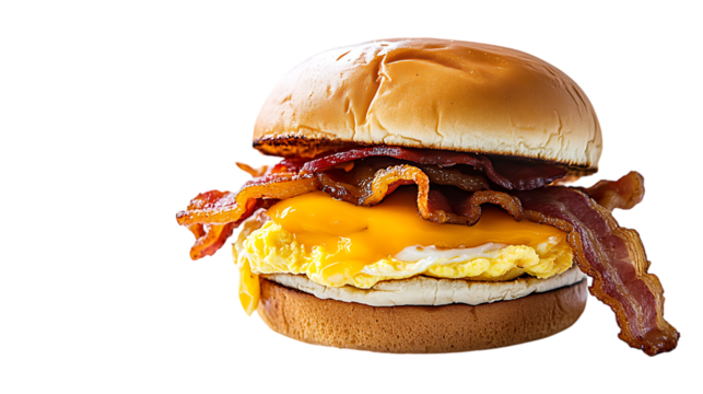 Delicious breakfast sandwich with bacon egg and cheese on a bun perfect for morning meal time treat  | png cutout isolated on a transparent backdrop