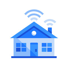 Flat vector icon of a modern house with WiFi signal above the roof, clean geometric lines, tech blue palette, isolated.