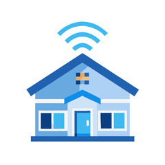 Flat vector icon of a modern house with WiFi signal above the roof, clean geometric lines, tech blue palette, isolated.