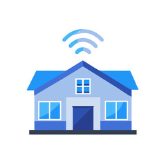 Flat vector icon of a modern house with WiFi signal above the roof, clean geometric lines, tech blue palette, isolated.
