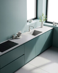 Minimalist Kitchen in Teal and Gray with Smooth Surfaces Vertical Natural Light