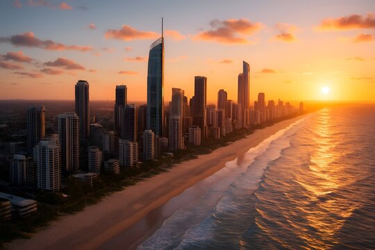 A scenic aerial drone view of coastal city skyline at sunset, glowing skyscrapers and ocean waves, sharp architecture details, ultra realistic clarity, cinematic lighting, clean render - Powered by Adobe