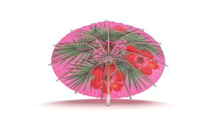 Pink Tropical Drink Umbrella with Red Hibiscus and Palm Leaf Pattern on a White Background