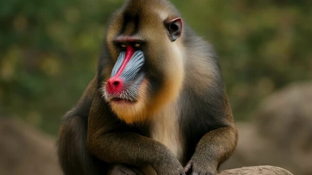 Close-up of a mandrill in a natural setting, captured at eye level. The vivid colors and sharp focus make it ideal for wildlife video content. Live desktop wallpaper.