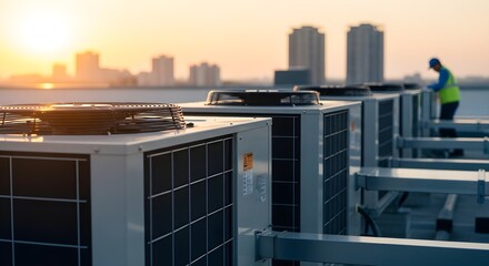 Rooftop HVAC Units with Technician at Sunset Commercial Building Maintenance