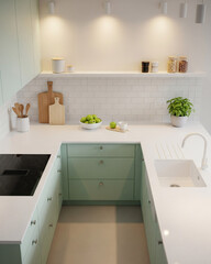 Sleek Minimalist Kitchen Mint Green with White Countertops Warm Lighting Vertical