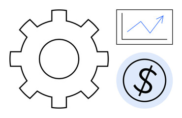Gear, rising line graph, and dollar sign highlight business processes, profitability, and growth. Ideal for finance, strategy, operations, innovation investment entrepreneurship simple flat