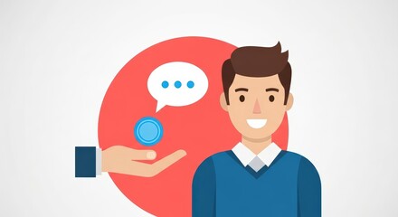 Smiling Man Receiving a Blue Coin Payment for Advice or Feedback in a Flat Design Illustration