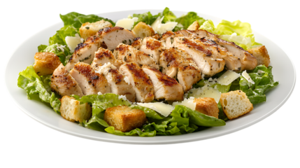 Delicious grilled chicken caesar salad with fresh romaine lettuce and parmesan cheese on white plate top view  | png cutout isolated on a transparent backdrop