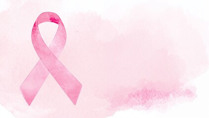 Displaying pink ribbon floating on watercolor canvas, promoting breast cancer awareness, copy space