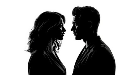 Man and Woman Silhouette Facing Each Other in an Intense Romantic Black and White Portrait