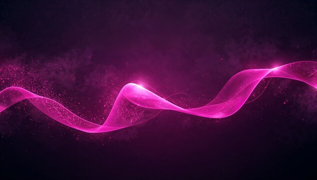 Undulating pink ribbon wave glowing across dark purple backdrop, scattering particles and specks - Powered by Adobe