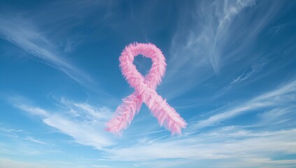 Floating pink feather-textured awareness ribbon drifting through open sky, with wispy cirrus clouds