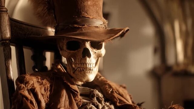 Creepy Halloween Skeleton in Rocking Chair with Clock Background creates eerie atmosphere