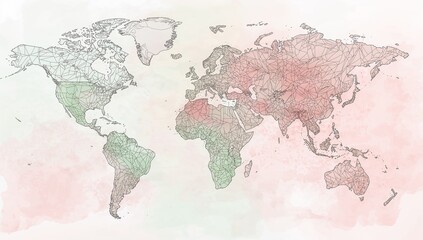 Obraz premium Displaying stylized wireframe world map on digital canvas with polygon mesh and watercolor wash