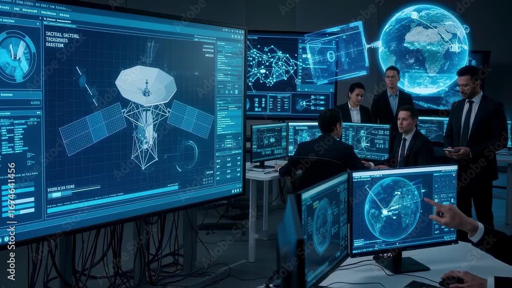 Poster hightech control center with multiple displays tracking the deployment process of a tactical satelli