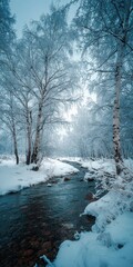 Fototapeta premium Winter wonderland in Daxingan Mountains, snow-covered forest landscape with serene birch trees and frozen river, idyllic winter scene.