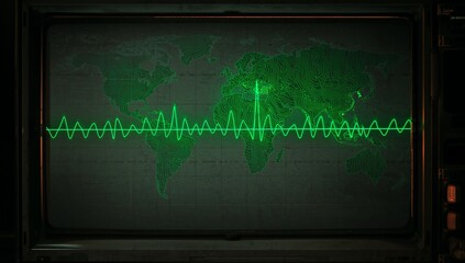 Displaying green waveform trace pulsing across CRT screen in control room, with world map graphic